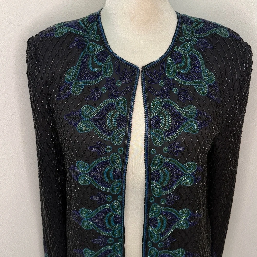 SCALA 100% pure silk beaded top jacket cardigan India medium black blue green